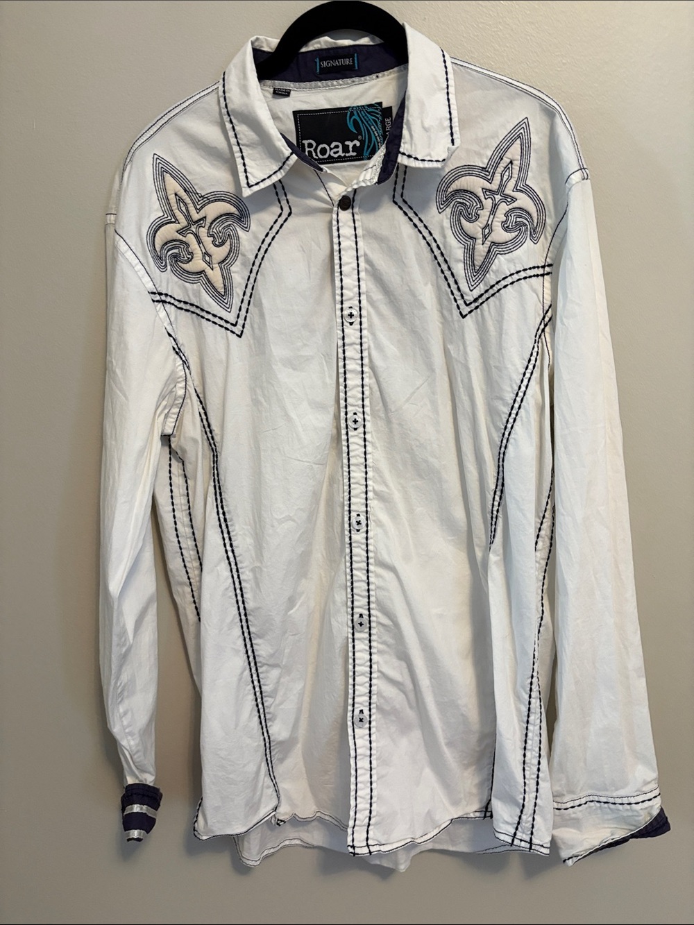 Roar Signature White Western-Style Button Shirt with Navy Embroidery